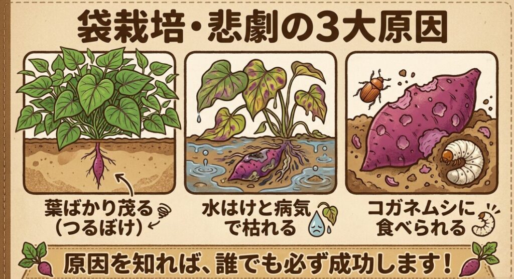 サツマイモ袋栽培における悲劇の3大原因(つるぼけ、病気で枯れる、コガネムシの食害)