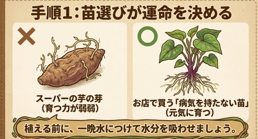 失敗しないサツマイモの苗選び(スーパーの芋の芽と市販の病気を持たない苗の比較)