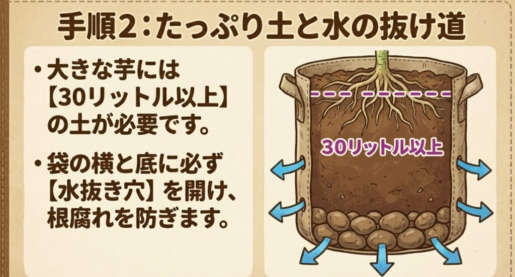 サツマイモ袋栽培に必要な土の量(30リットル以上)と根腐れを防ぐ水抜き穴