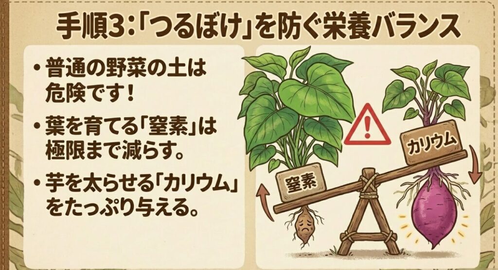 サツマイモのつるぼけを防ぐ栄養バランス(窒素を減らしカリウムをたっぷり与える)