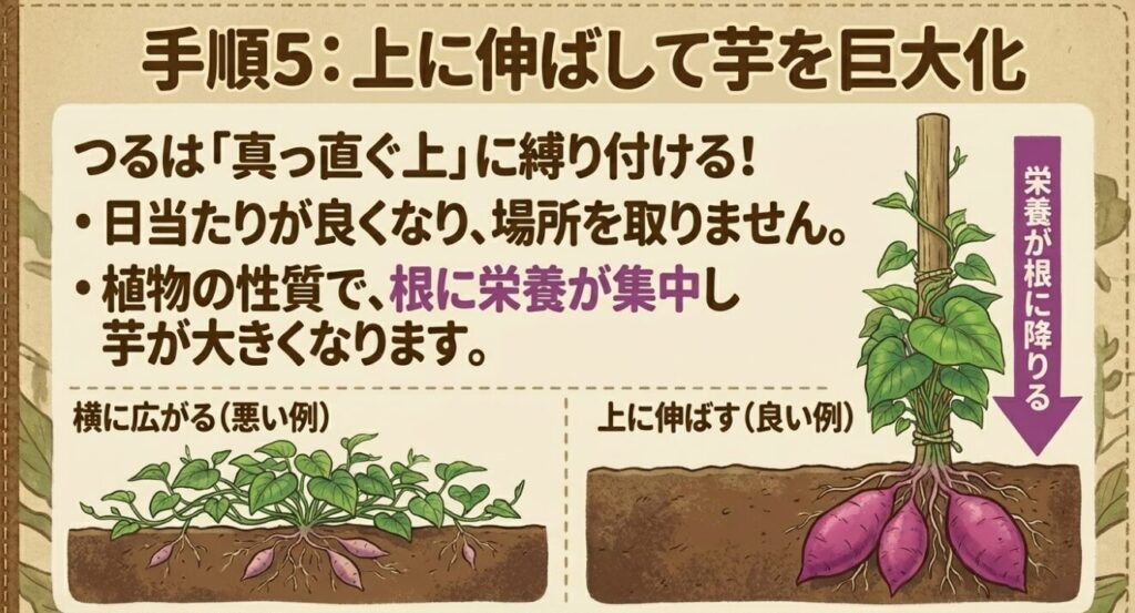 芋を巨大化させるサツマイモの垂直仕立て(つるを真っ直ぐ上に伸ばす方法)