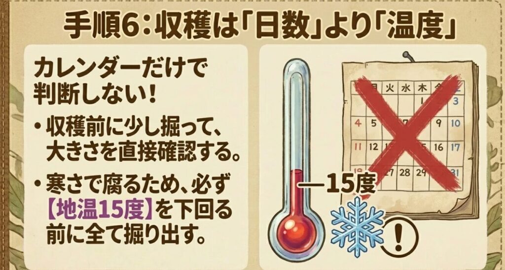 サツマイモの収穫時期はカレンダーの日数ではなく地温15度を下回る前に判断する