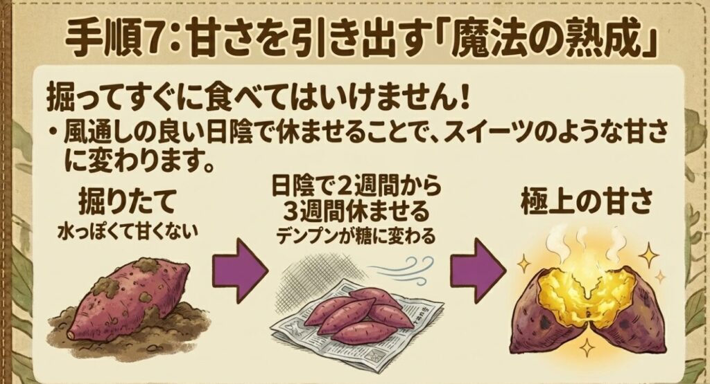 収穫したサツマイモの甘さを引き出す魔法の熟成(日陰で2週間から3週間休ませる)