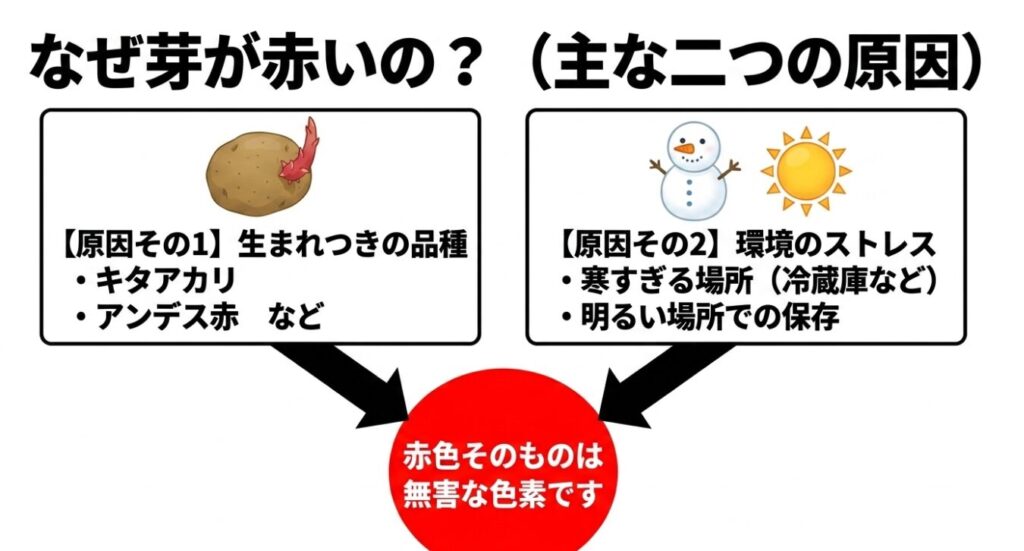 キタアカリなどの生まれつきの品種や、寒さなどの環境ストレスといった、じゃがいもの芽が赤くなる主な原因を解説したスライド
