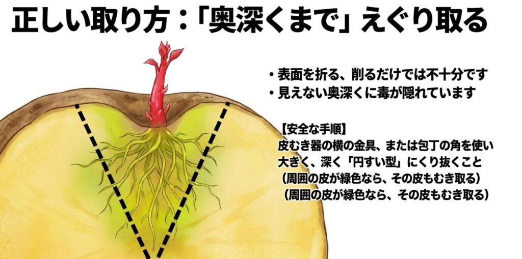 皮むき器の横の金具や包丁の角を使い、見えない奥深くに隠れている毒を円すい型に大きくくり抜く手順を解説したスライド