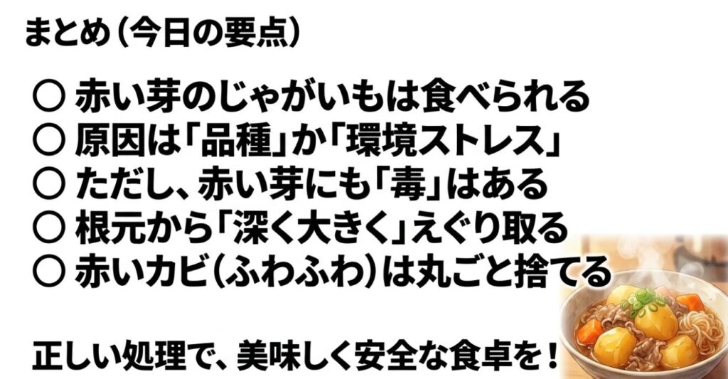 赤い芽のじゃがいもは食べられること、原因や毒への注意、えぐり取る正しい処理など、記事の要点をまとめたスライド