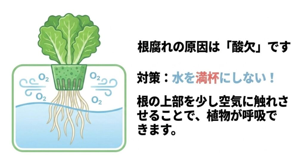 根の上部を空気に触れさせることで酸欠と根腐れを防ぐメカニズムの図解