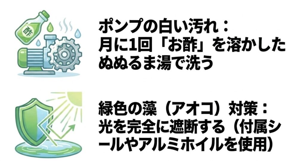お酢を使ったウォーターポンプの洗浄と、光を遮断して緑色の藻を防ぐ方法のイラスト