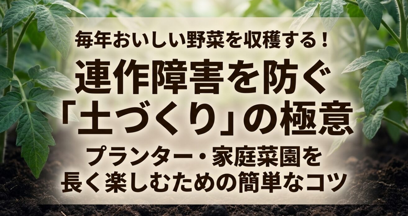 連作障害を防ぐ土づくりの極意とプランター・家庭菜園を長く楽しむコツのタイトルスライド