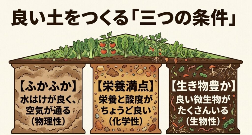 ふかふか（物理性）・栄養満点（化学性）・生き物豊か（生物性）のバランスが整った良い土をつくる3つの条件を図解