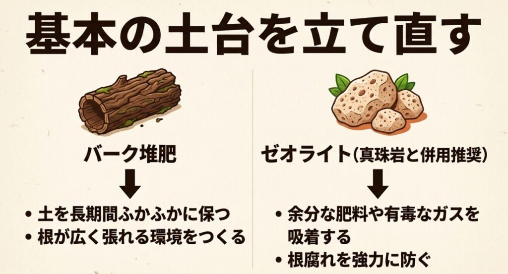 土を長期間ふかふかに保つバーク堆肥と、根腐れを強力に防ぐゼオライトのイラスト