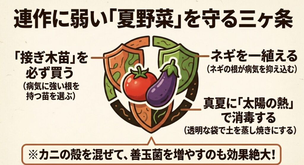 接ぎ木苗、ネギの混植、太陽熱消毒という3つの対策の盾によって病原菌から守られるトマトとナスのイラスト