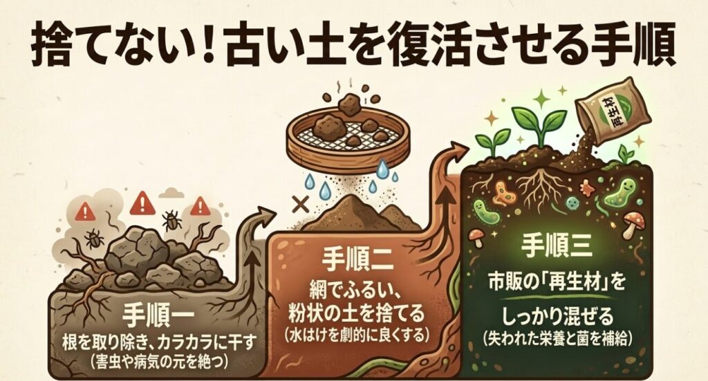 根を取り除き干す、網でふるう、再生材を混ぜるという、古い土を捨てることなく復活させる3つの手順