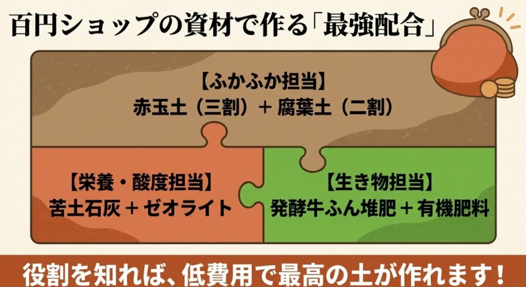 赤玉土と腐葉土、苦土石灰とゼオライト、発酵牛ふん堆肥などをパズルのように組み合わせた低コストな土壌改良材の配合図