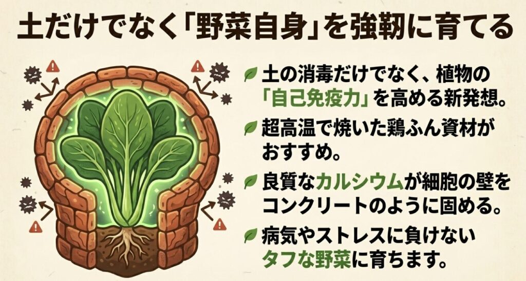 良質なカルシウムによって細胞壁がレンガのように強固になり、病原菌やストレスをブロックする野菜のイラスト