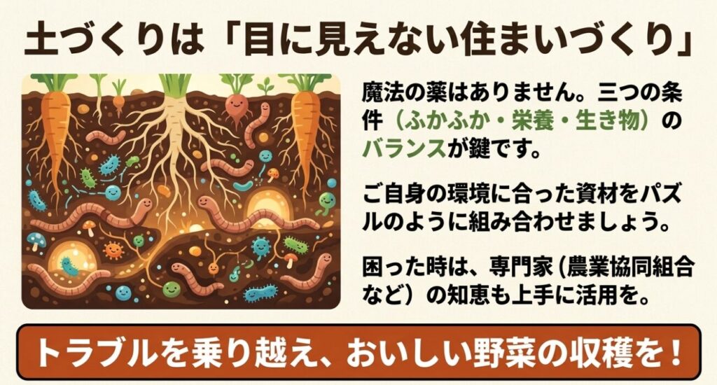 野菜の根と多様な微生物、ミミズなどが共存し合う、バランスの取れたふかふかな土壌の断面図