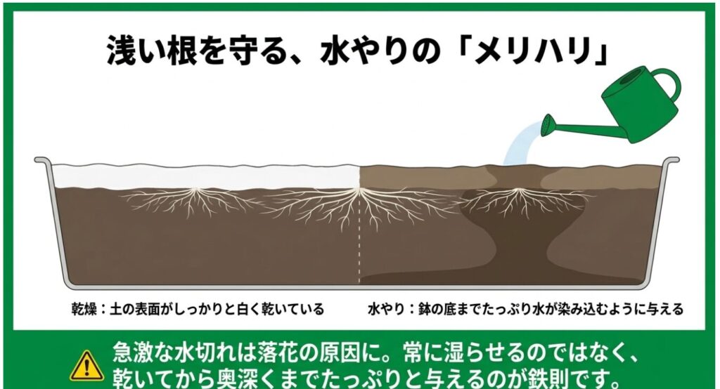 土の表面が白く乾燥してから、奥深くまでたっぷりと水を与えるピーマンの水やり方法の図解