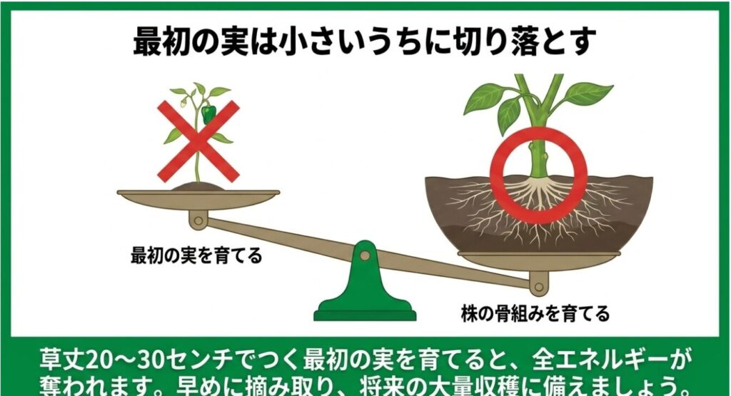 最初の小さな実を育てるよりも、早めに切り落として株全体の骨組みを育てることを優先する天秤のイラスト
