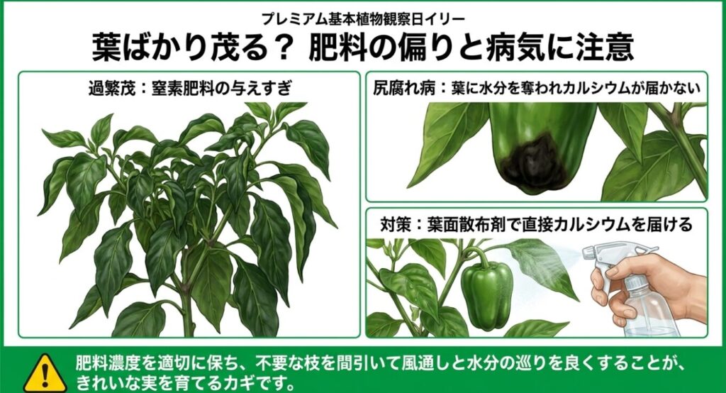 窒素肥料の与えすぎによる過繁茂と、尻腐れ病を防ぐためのカルシウム葉面散布スプレーのイラスト