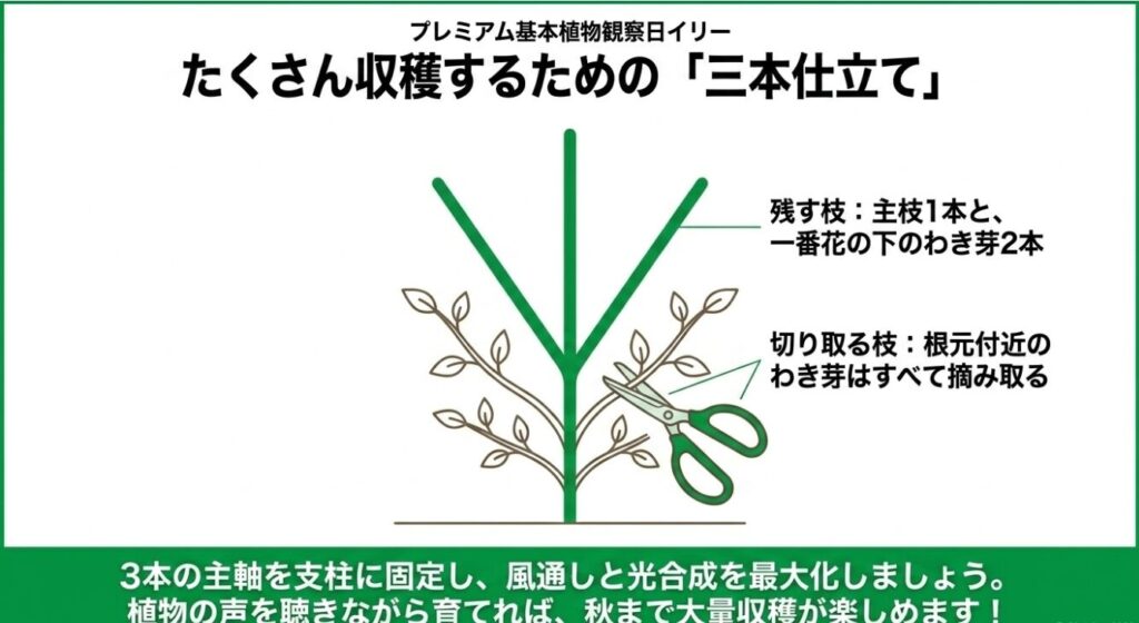 主枝1本と一番花の下のわき芽2本を残し、根元付近の不要なわき芽をすべてハサミで切り取る三本仕立ての図解