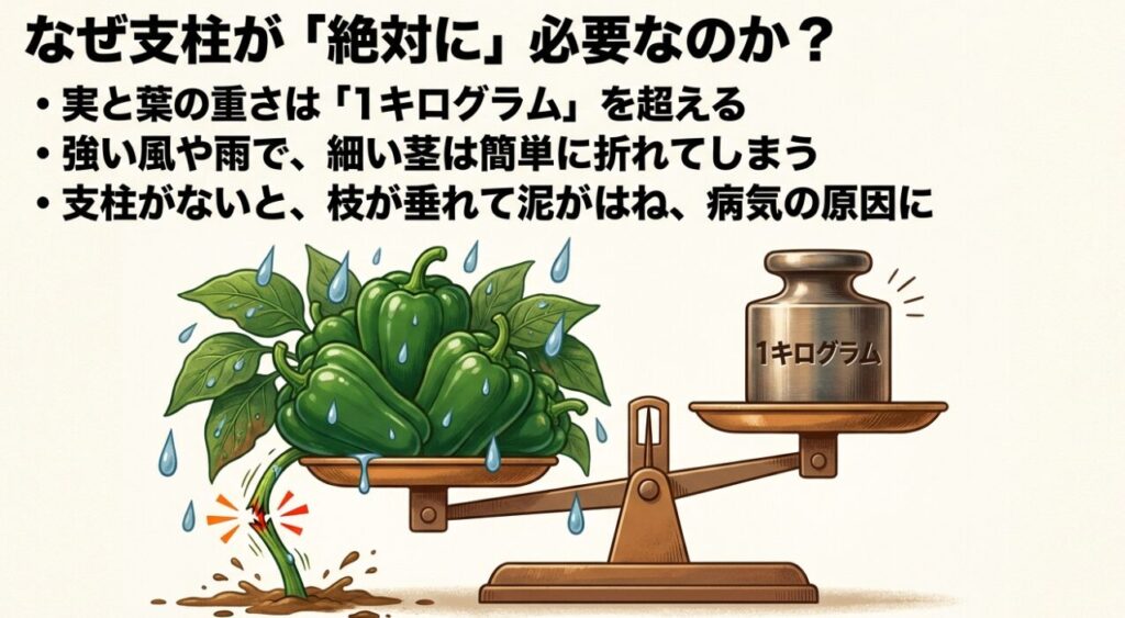 天秤にかけられたピーマンの株と1キログラムの重り（支柱が絶対に必要である理由の解説）