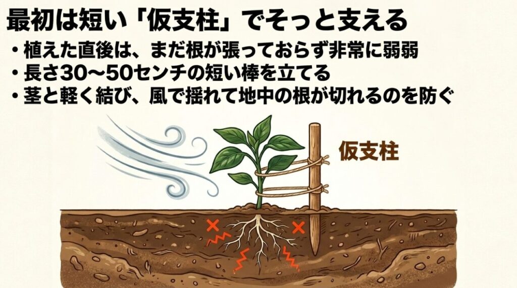 植え付け直後の根が張っていないピーマンの苗を、地中の根切れや強風から守る短い仮支柱