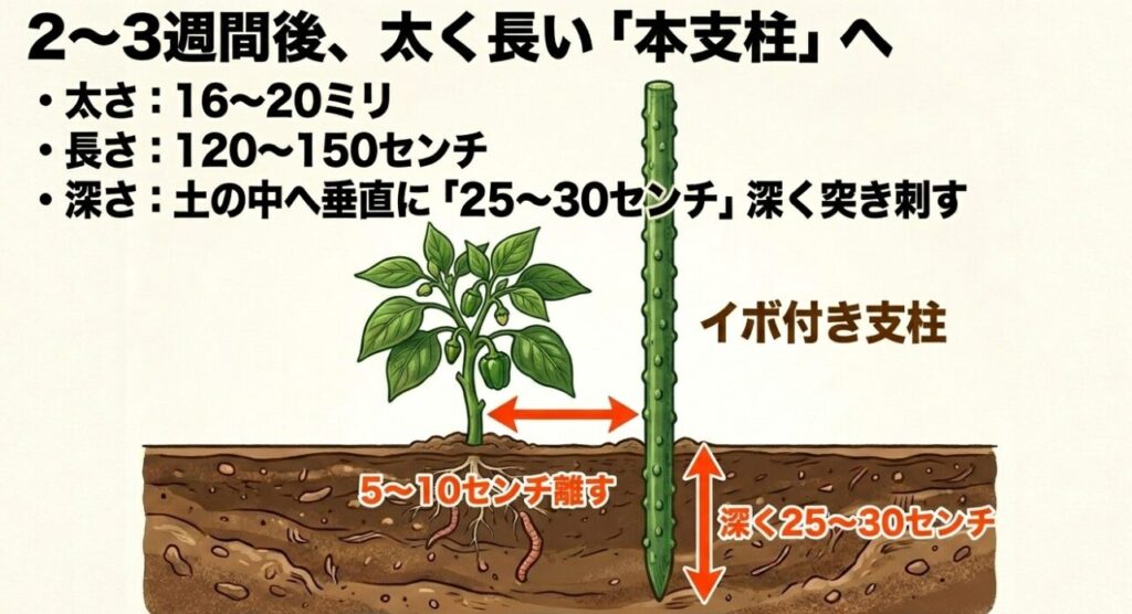 株元から5〜10センチ離れた位置に、深さ25〜30センチまで垂直に深く突き刺した太いイボ付きの本支柱