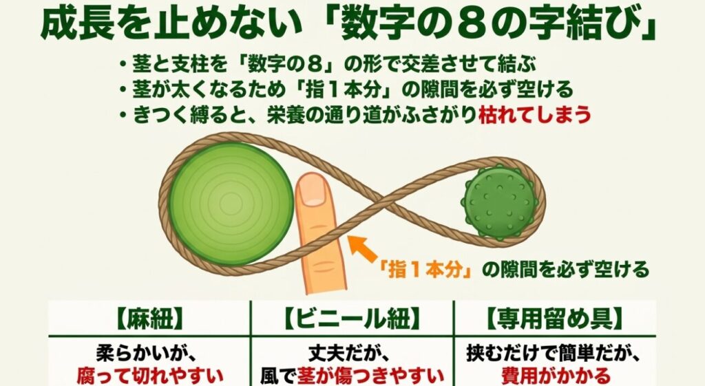 茎が太くなることを想定し、ピーマンの茎と支柱の間に指1本分の隙間を必ず空けて結ぶ8の字結びの方法