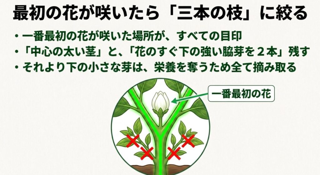 一番最初の花を目印とし、中心の太い茎と花のすぐ下の強い脇芽2本を残し、それ以下の小さな脇芽を全て摘み取る手順