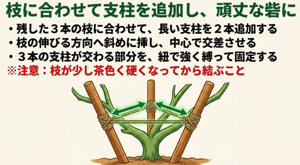 残した3本の枝の伸びる方向へ斜めに長い支柱を2本追加し、中心で交差させて紐で強く縛り上げた頑丈な支柱構造