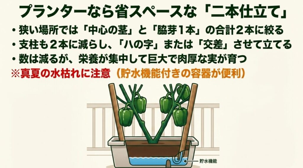 貯水機能付きプランターを使用し、中心の茎と脇芽1本の合計2本に絞って支柱を立てた省スペースな二本仕立ての図