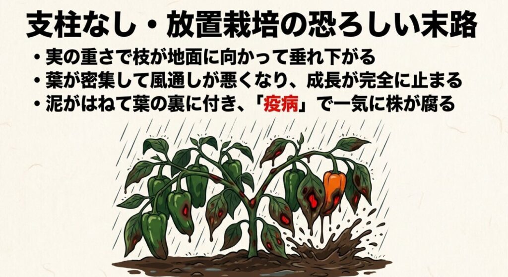 支柱がないため実の重さで枝が地面に垂れ下がり、泥はねによって葉の裏に病原菌が付き疫病で腐ってしまったピーマンの様子