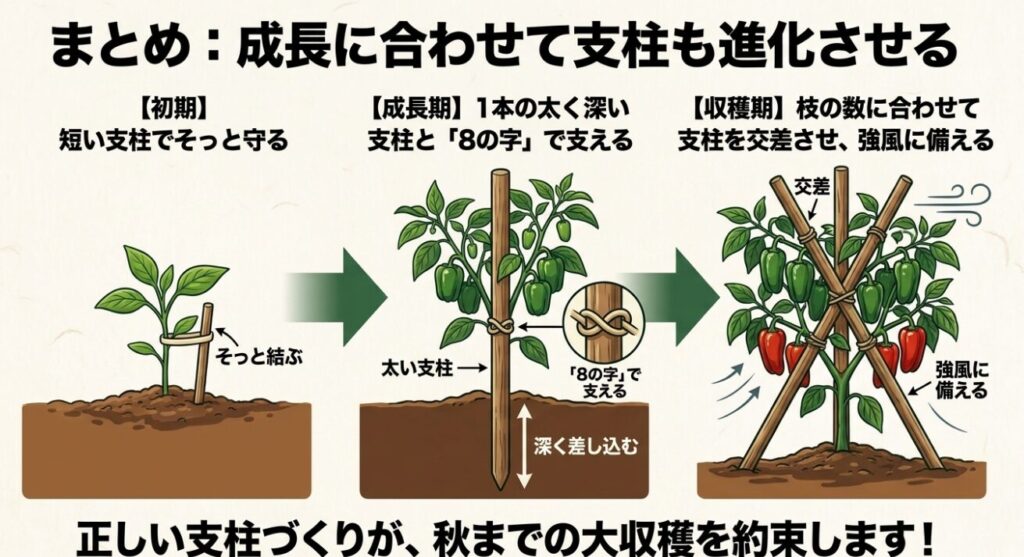 初期は短い仮支柱、成長期は1本の太い本支柱と8の字結び、収穫期は枝に合わせて交差支柱を追加する、ピーマンの成長に合わせた支柱の立て方のまとめ