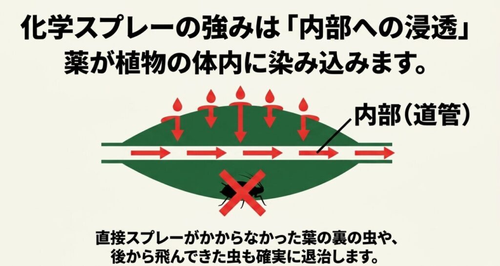 化学スプレーの強みである内部への浸透。直接かからなかった葉の裏の虫も退治する仕組み