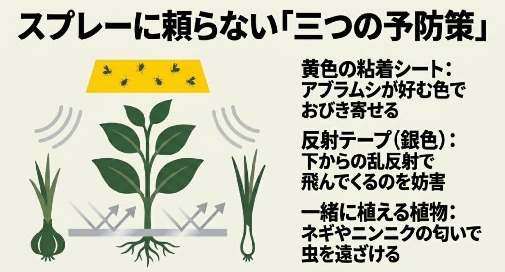 スプレーに頼らない三つの予防策。黄色の粘着シート、銀色の反射テープ、一緒に植える植物