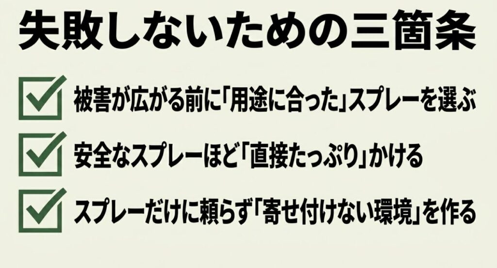 :失敗しないための三箇条。用途に合ったスプレーを選ぶ、たっぷりかける、寄せ付けない環境を作る