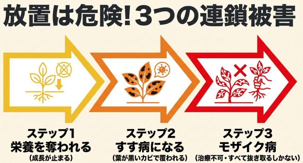 アブラムシを放置する危険性と3つの連鎖被害（栄養収奪、すす病、モザイク病）