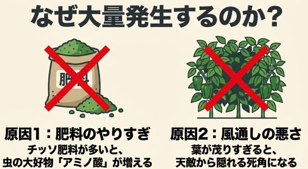アブラムシが大量発生する原因。チッソ肥料のやりすぎと風通しの悪さ