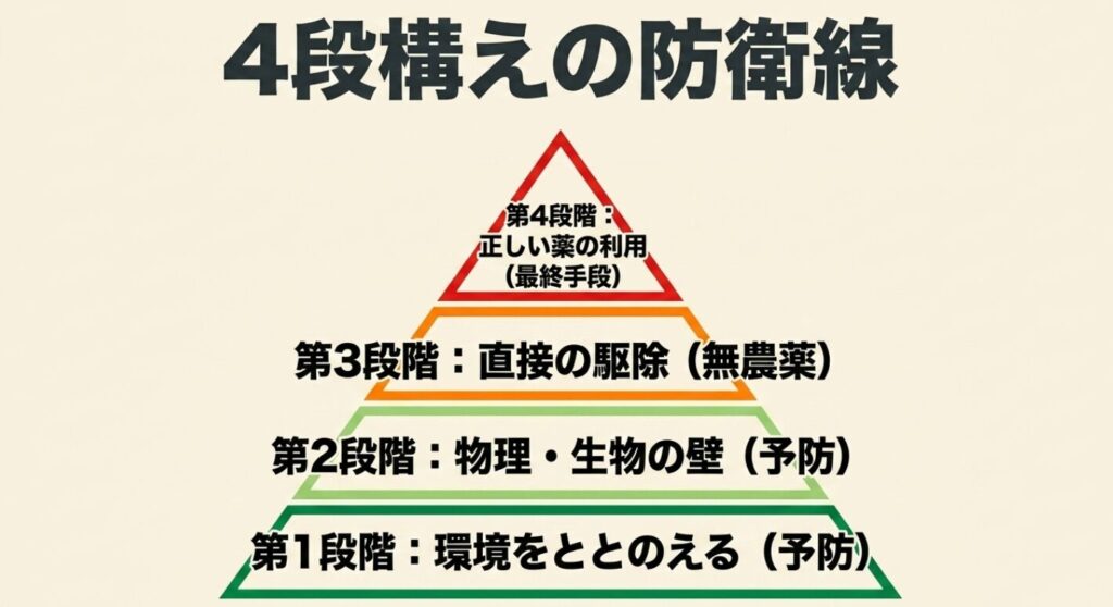 ピーマンのアブラムシ対策となる4段構えの防衛線（環境整備、物理的防除、無農薬駆除、農薬利用）