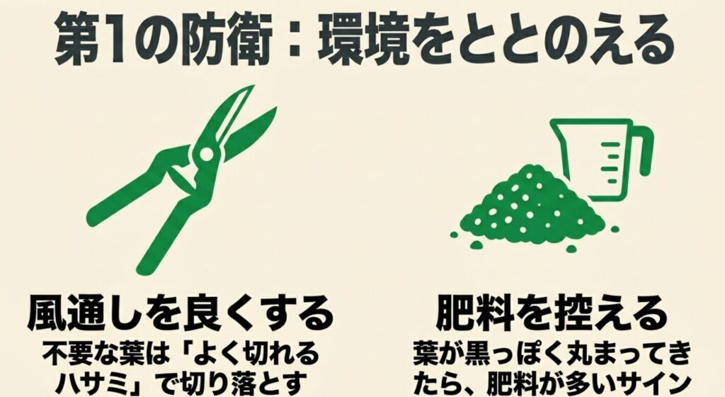 第1の防衛線。よく切れるハサミでの剪定による風通し改善と、肥料を控える環境づくり