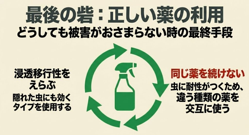 最後の砦となる正しい農薬の利用。浸透移行性殺虫剤の選択とローテーション散布