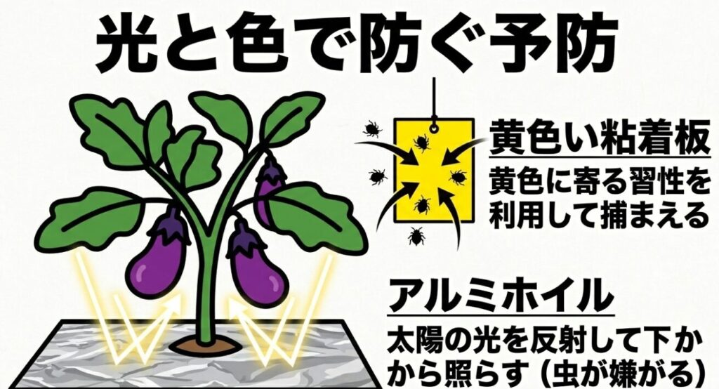 アブラムシを光と色で防ぐ物理的予防法（黄色い粘着板とアルミホイル）