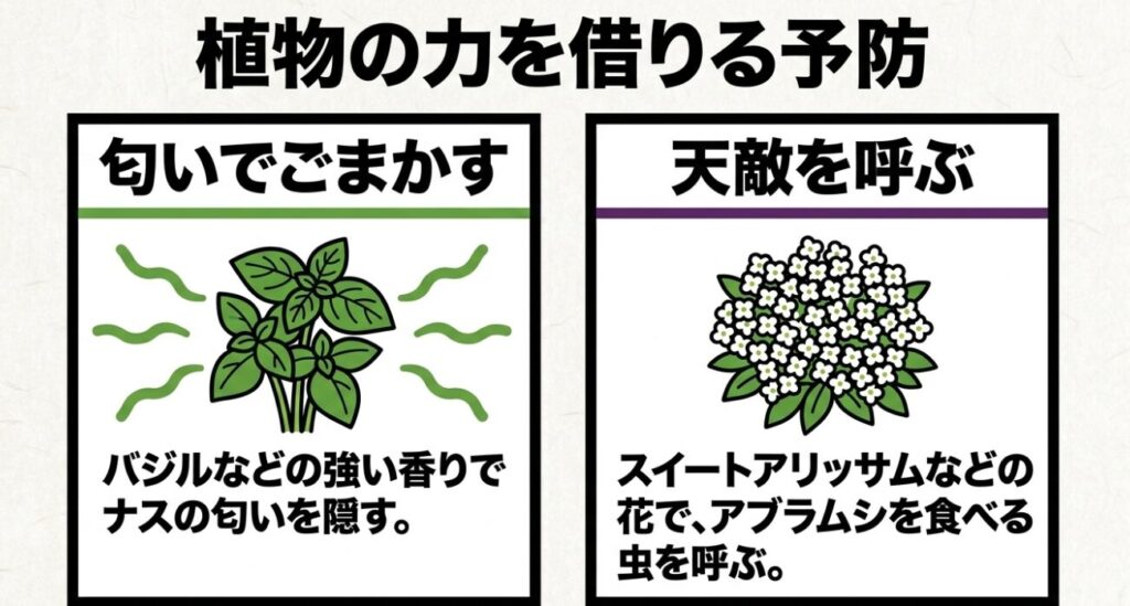 コンパニオンプランツを利用したアブラムシ予防（バジルとスイートアリッサム）