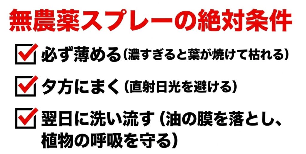 無農薬スプレーを使用する際の絶対条件（希釈、夕方散布、翌日の洗い流し）