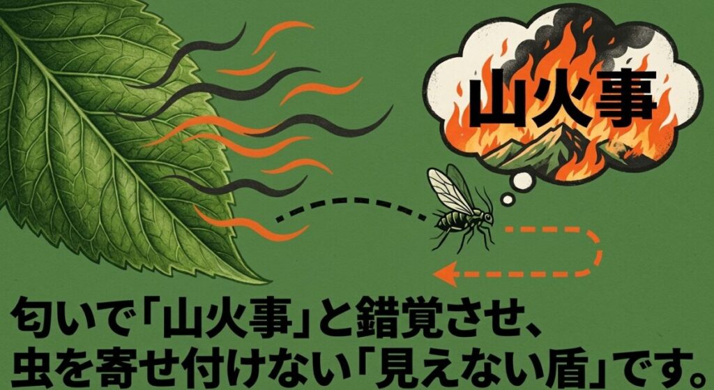 木酢液の匂いで山火事と錯覚させアブラムシを遠ざける忌避効果