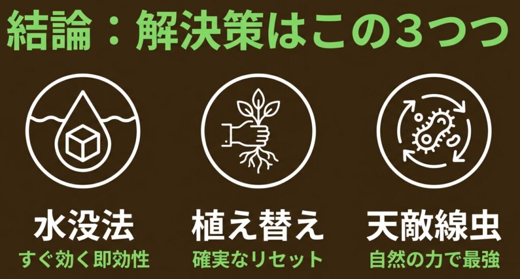 コガネムシ対策の結論となる3つの解決策 。すぐ効く水没法、確実なリセットができる植え替え、自然の力を使う天敵線虫 。