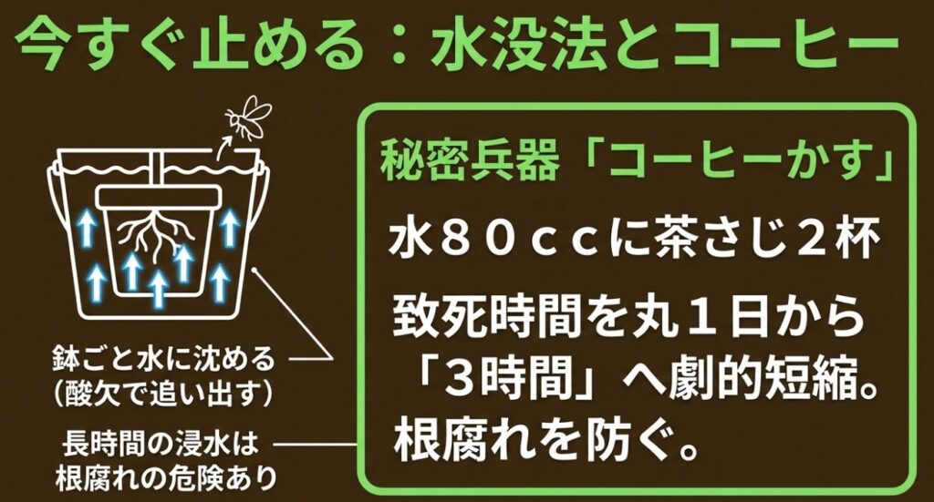 水没法とコーヒーかすを活用した対処法 。水80ccに茶さじ2杯のコーヒーかすを加えることで、致死時間を丸1日から3時間へ劇的短縮し、根腐れを防ぐ 。