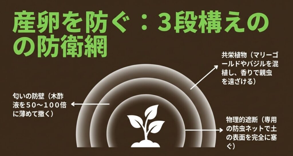 コガネムシの産卵を防ぐ3段構えの防衛網 。香りで遠ざける共栄植物、木酢液による匂いの防壁、専用ネットによる物理的遮断 。