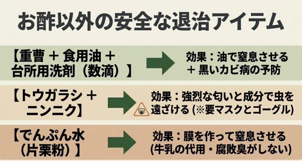 重曹や油、唐辛子やニンニク、でんぷん水などを使用した、お酢以外の安全なアブラムシ退治アイテム