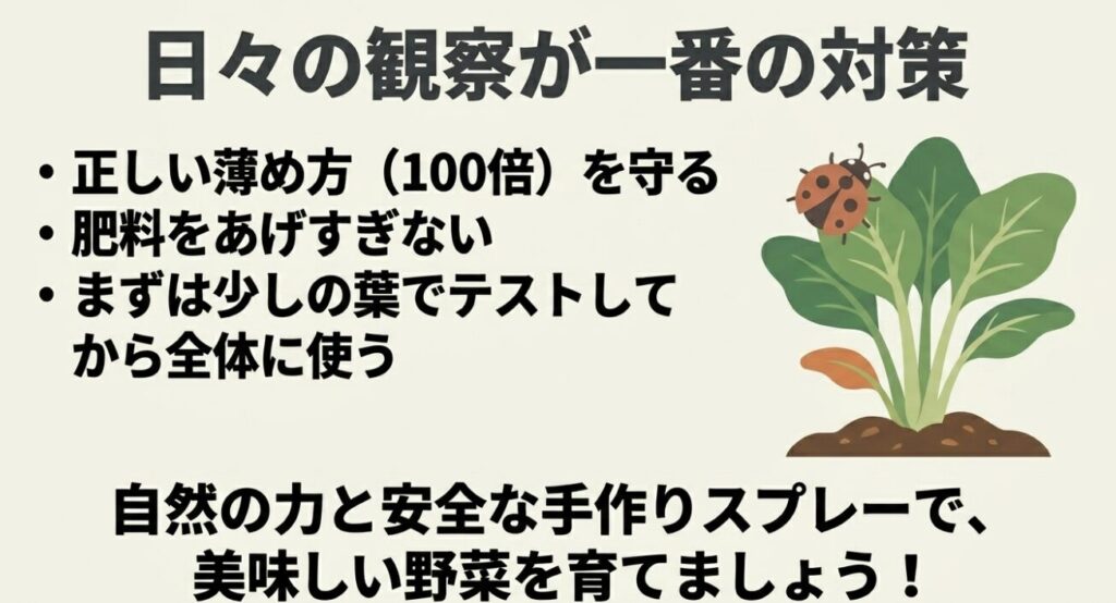 アブラムシ対策の基本は正しい希釈と肥料管理、そして日々の観察であるというまとめ